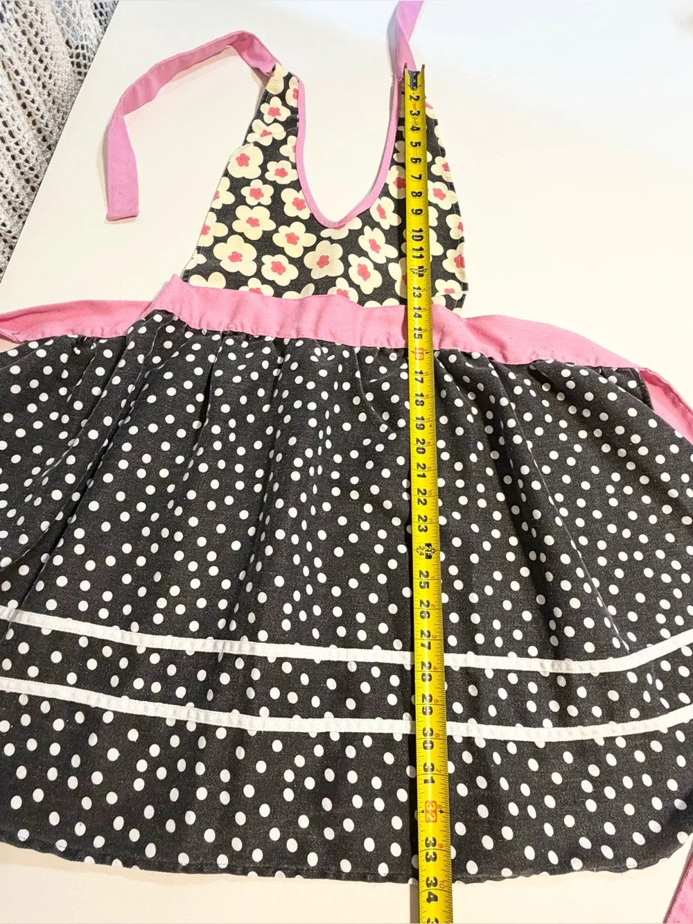 Kitchen apron full‎ length back tie pink polka dot flower baking utility retro